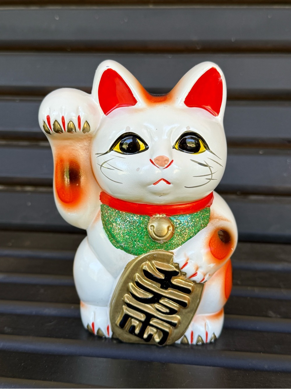 Vintage Maneki Neko Lucky Cat Figurine - White with Red and Green Accents